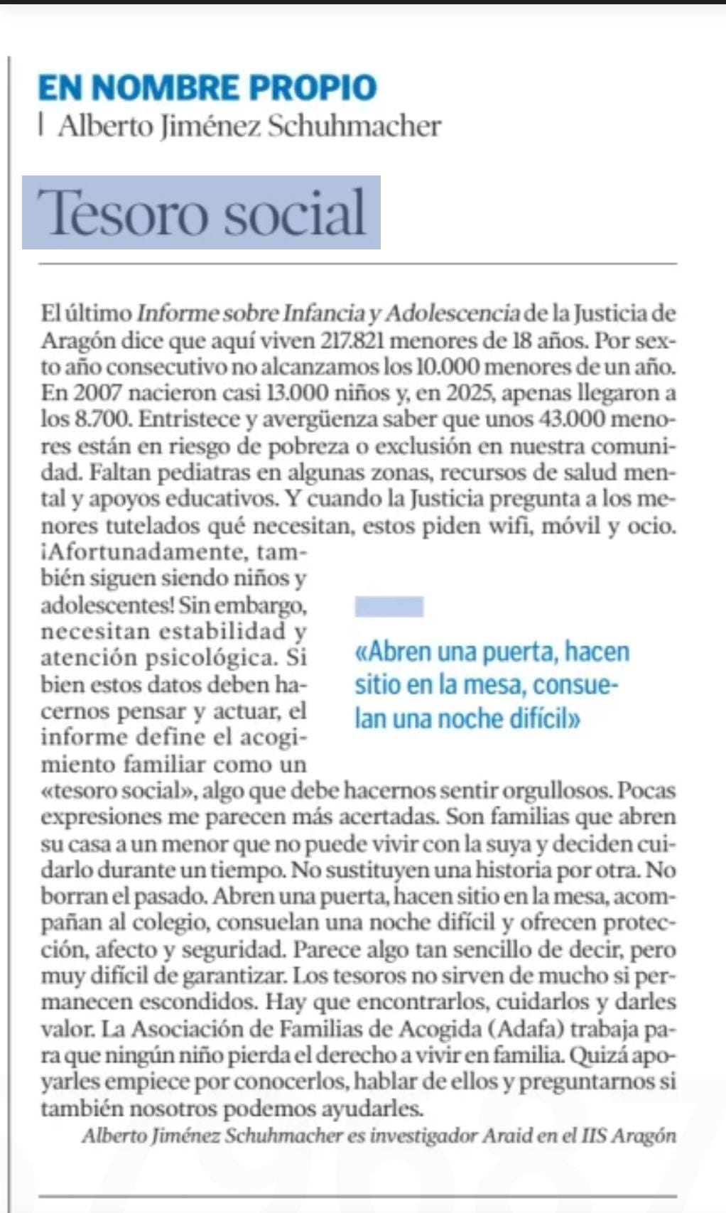 “Tesoro social”: una mirada al acogimiento familiar de la mano de Alberto Jiménez Schuhmacher